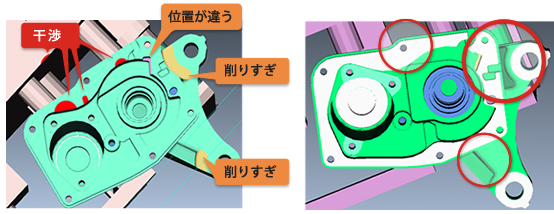 CAM(ベリカット)を使用し加工シミュレーションを行うことで、加工時の干渉、削りすぎなどを事前に検証しデバックを最小限に抑えて生産ラインの立ち上げ短縮を行います